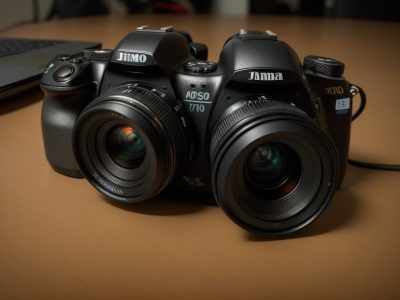 Alunos aprendendo fotografia online, com câmeras e equipamentos, demonstrando técnicas e composição fotográfica.