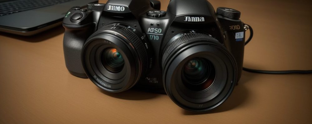 Alunos aprendendo fotografia online, com câmeras e equipamentos, demonstrando técnicas e composição fotográfica.