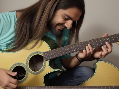 Servidor público tocando guitarra em um ambiente de trabalho inspirador e criativo, aprendendo com aulas de guitarra online.