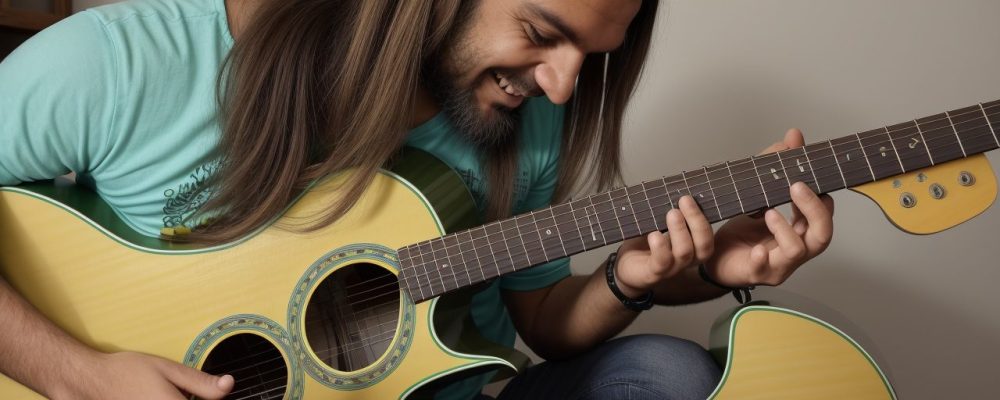 Servidor público tocando guitarra em um ambiente de trabalho inspirador e criativo, aprendendo com aulas de guitarra online.