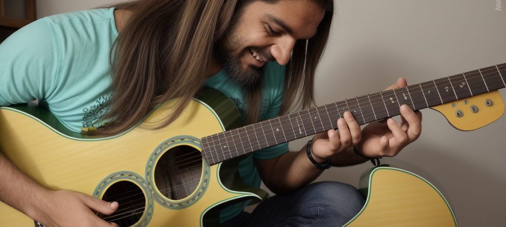 Servidor público tocando guitarra em um ambiente de trabalho inspirador e criativo, aprendendo com aulas de guitarra online.