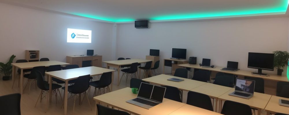 Estudantes aprendendo em um curso de informática básica, com computadores e materiais de estudo, mostrando o impacto na carreira.