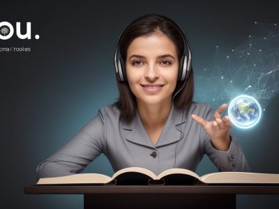 Uma pessoa sorrindo, interagindo em um curso de inglês online em um ambiente moderno e inspirador. Imagem ilustrativa sobre curso de idiomas.