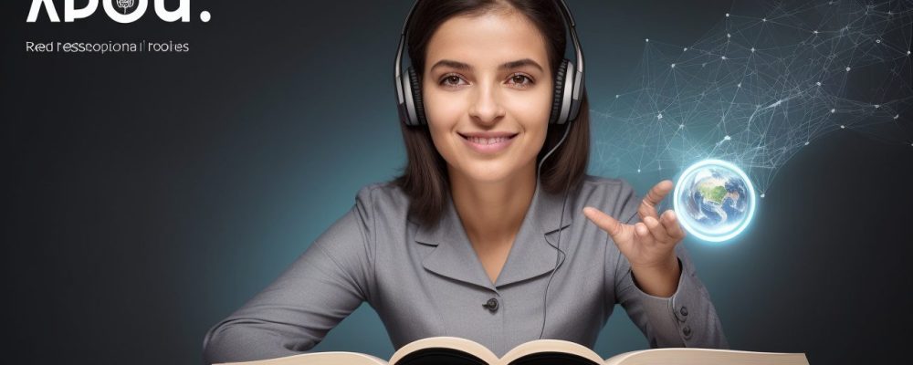 Uma pessoa sorrindo, interagindo em um curso de inglês online em um ambiente moderno e inspirador. Imagem ilustrativa sobre curso de idiomas.