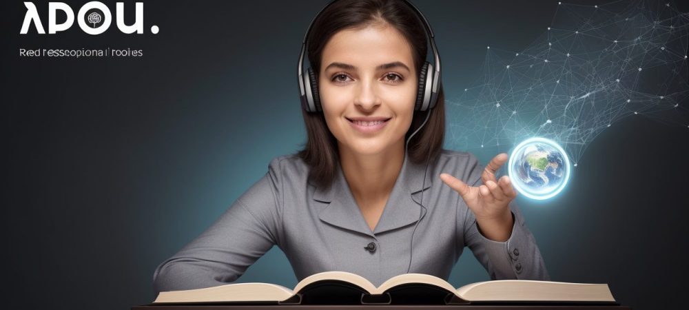 Uma pessoa sorrindo, interagindo em um curso de inglês online em um ambiente moderno e inspirador. Imagem ilustrativa sobre curso de idiomas.