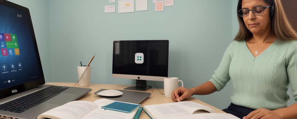 Estudantes aprendendo inglês online em um ambiente colaborativo, focando em aprendizado rápido.