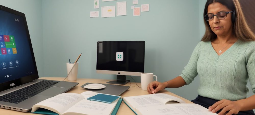 Estudantes aprendendo inglês online em um ambiente colaborativo, focando em aprendizado rápido.