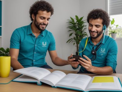 Servidor público estudando italiano em ambiente de trabalho, com materiais de estudo e computador, representando as aulas de italiano e o curso online