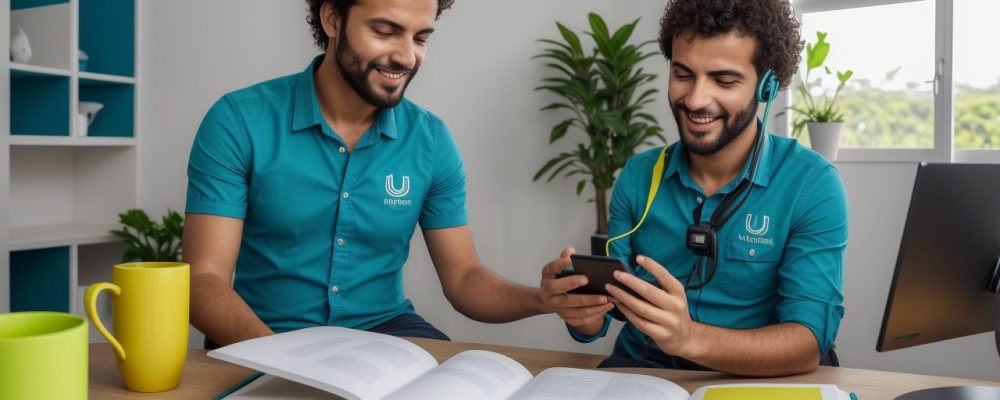 Servidor público estudando italiano em ambiente de trabalho, com materiais de estudo e computador, representando as aulas de italiano e o curso online