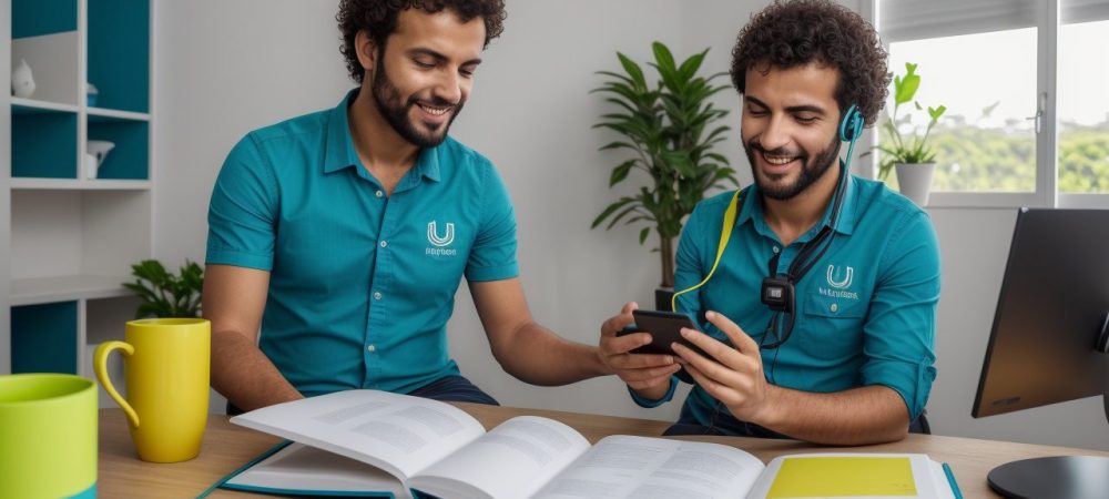 Servidor público estudando italiano em ambiente de trabalho, com materiais de estudo e computador, representando as aulas de italiano e o curso online