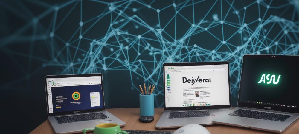 Estudantes aprendendo JavaScript online em um ambiente de desenvolvimento moderno e interativo, focado em projetos práticos e colaboração.