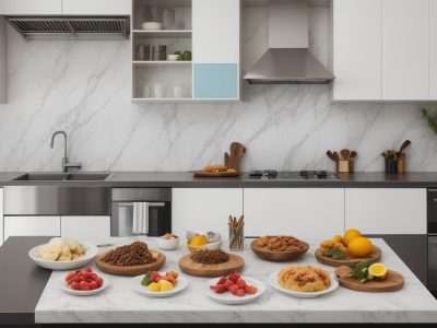 Imagem mostrando boas práticas de manipulação de alimentos, com foco em segurança alimentar e higiene, em um ambiente de cozinha profissional.