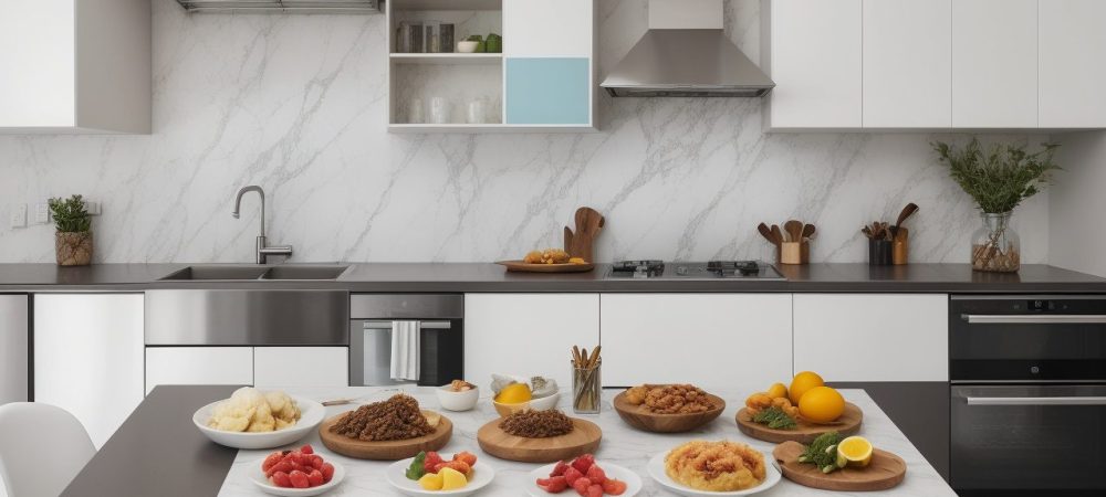 Imagem mostrando boas práticas de manipulação de alimentos, com foco em segurança alimentar e higiene, em um ambiente de cozinha profissional.