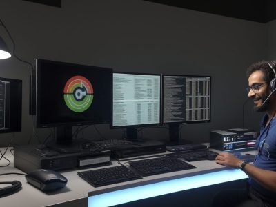 Profissional em um curso de operador de microcomputador, focado em informática básica e as aplicações no setor público, com foco em eficiência.