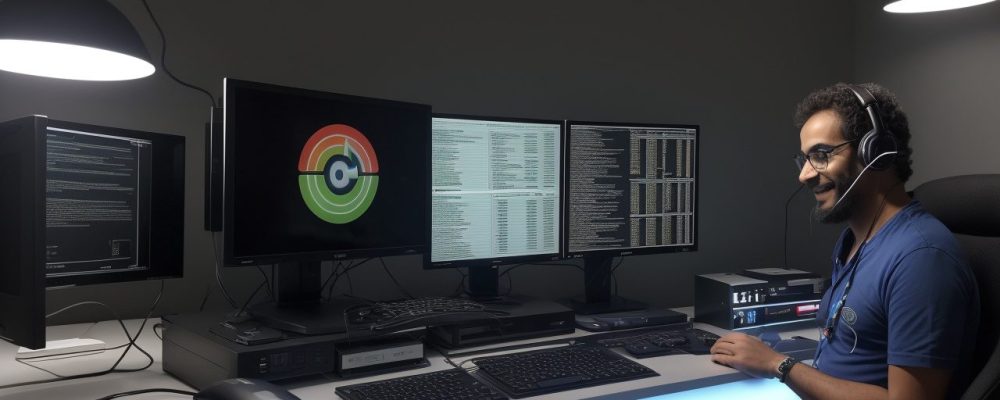 Profissional em um curso de operador de microcomputador, focado em informática básica e as aplicações no setor público, com foco em eficiência.