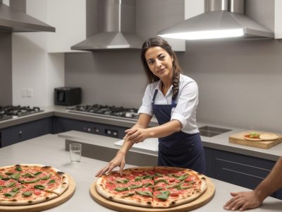 Servidores públicos aprendendo em um curso de pizzaiolo online, preparando pizzas e aplicando habilidades em eventos comunitários