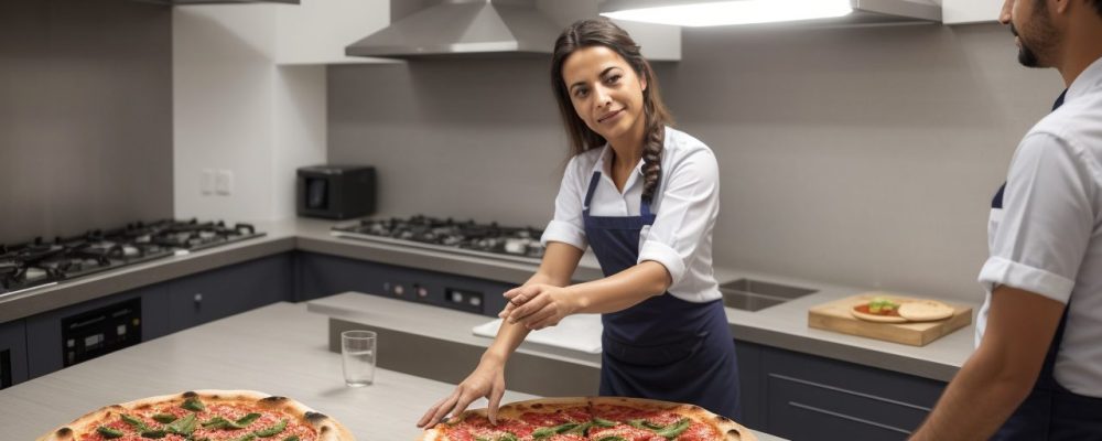 Servidores públicos aprendendo em um curso de pizzaiolo online, preparando pizzas e aplicando habilidades em eventos comunitários
