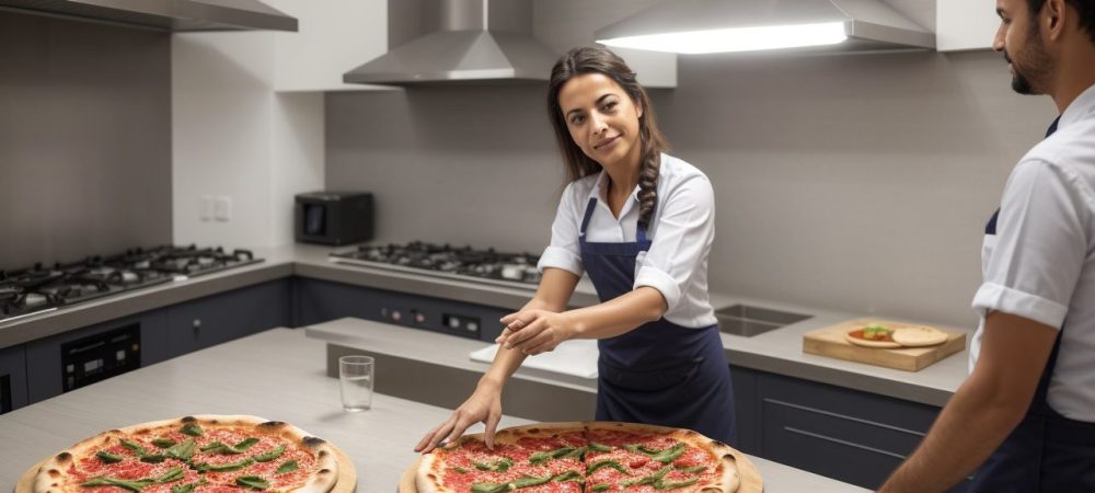 Servidores públicos aprendendo em um curso de pizzaiolo online, preparando pizzas e aplicando habilidades em eventos comunitários