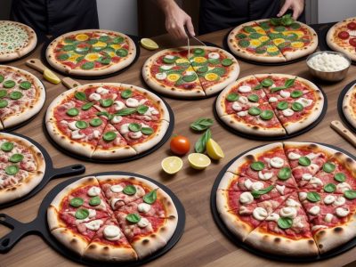 Alunos aprendendo em um curso de pizzaiolo online, com pizzas e ingredientes frescos sobre a mesa.