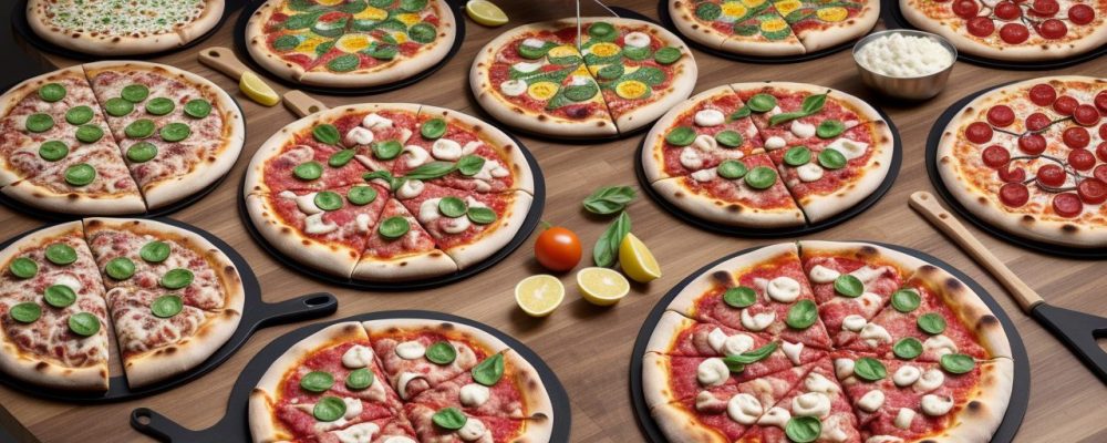 Alunos aprendendo em um curso de pizzaiolo online, com pizzas e ingredientes frescos sobre a mesa.