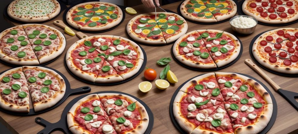 Alunos aprendendo em um curso de pizzaiolo online, com pizzas e ingredientes frescos sobre a mesa.