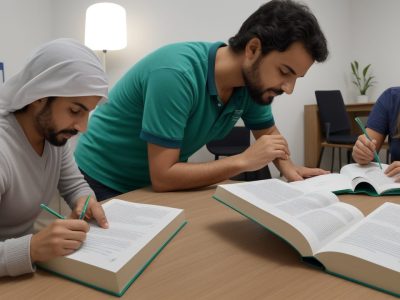 Educadores estudando as novas regras do acordo ortográfico em um ambiente de aprendizado colaborativo e moderno, com foco em certificação e desenvolvimento profissional.