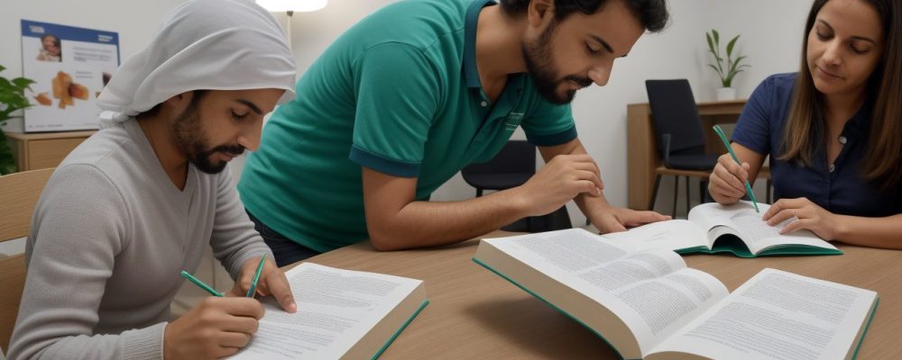 Educadores estudando as novas regras do acordo ortográfico em um ambiente de aprendizado colaborativo e moderno, com foco em certificação e desenvolvimento profissional.