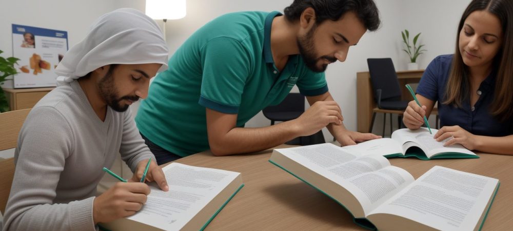 Curso de Reforma Ortográfica: Transformando Educadores e Carreira Educadores estudando as novas regras do acordo ortográfico em um ambiente de aprendizado colaborativo e moderno, com foco em certificação e desenvolvimento profissional.