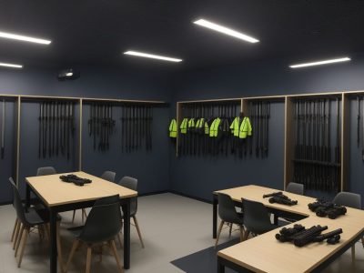 Ilustração de um instrutor em um clube de tiro, ensinando sobre porte de arma e legislação, com foco na segurança e proteção familiar.