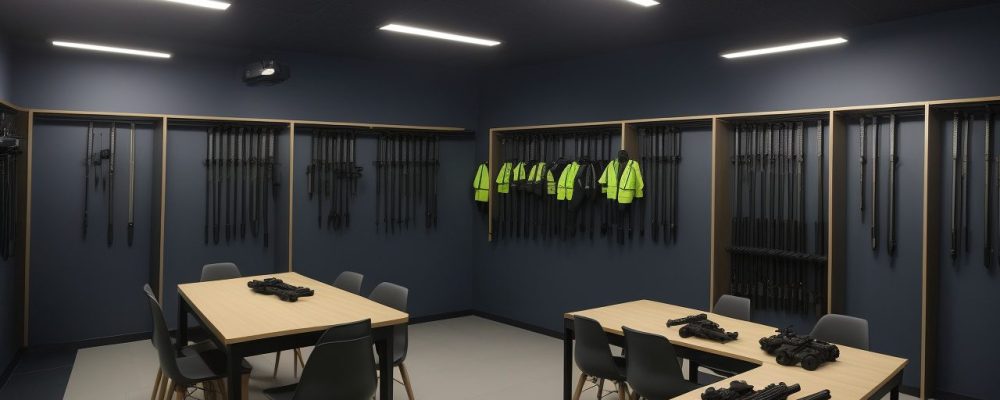 Ilustração de um instrutor em um clube de tiro, ensinando sobre porte de arma e legislação, com foco na segurança e proteção familiar.