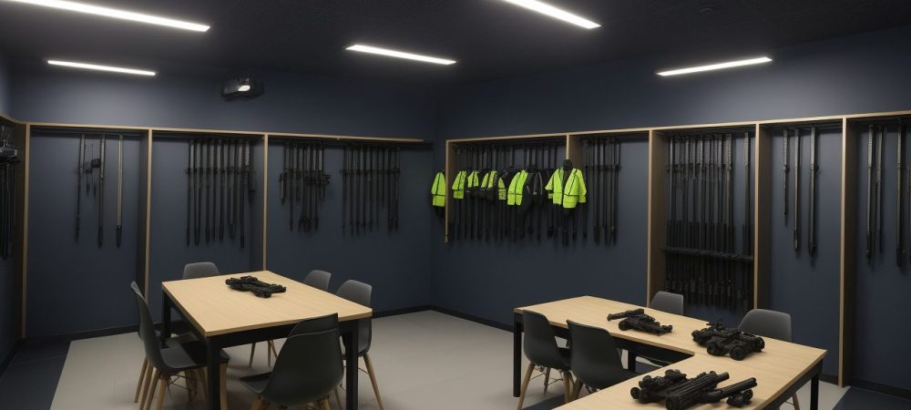 Ilustração de um instrutor em um clube de tiro, ensinando sobre porte de arma e legislação, com foco na segurança e proteção familiar.