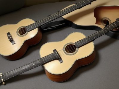 Imagem de um curso de violão online, mostrando um violão para iniciantes, com as mãos tocando e a tela de um computador com aulas.