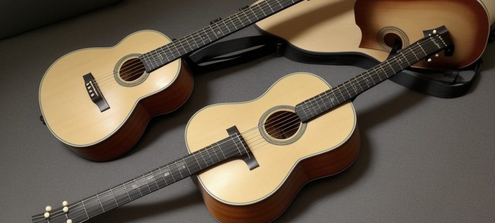 Imagem de um curso de violão online, mostrando um violão para iniciantes, com as mãos tocando e a tela de um computador com aulas.