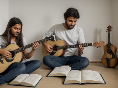 Aluno aprendendo violão online com um professor, focado no curso de violão para iniciantes, com um ambiente acolhedor e instrumentos musicais ao fundo.