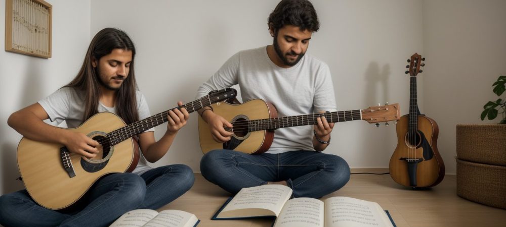 Aluno aprendendo violão online com um professor, focado no curso de violão para iniciantes, com um ambiente acolhedor e instrumentos musicais ao fundo.