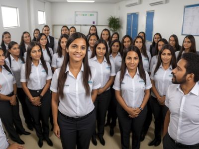 Imagem de um diretor escolar inspirador liderando uma equipe, simbolizando liderança e sucesso na educação.