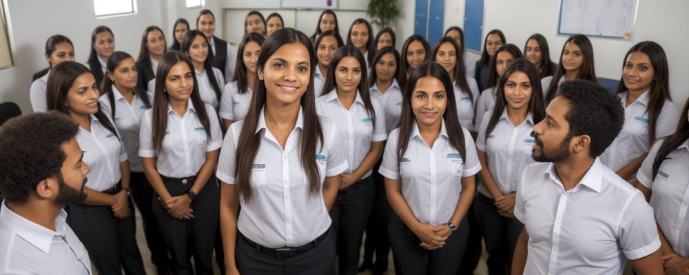 Imagem de um diretor escolar inspirador liderando uma equipe, simbolizando liderança e sucesso na educação.