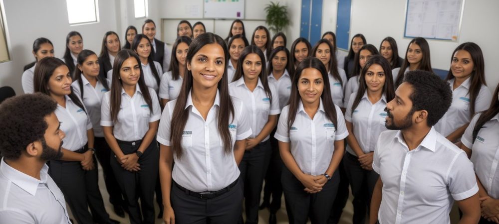 Imagem de um diretor escolar inspirador liderando uma equipe, simbolizando liderança e sucesso na educação.