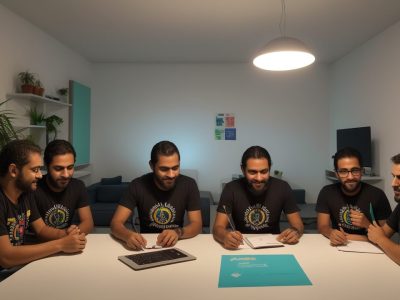 Servidores customizando camisetas e jeans com técnicas de bordados, representando a identidade visual no setor público.