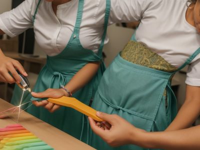 Uma pessoa customizando roupas, com materiais de costura e pedrarias sobre a mesa, demonstrando o processo de customização de roupas com pedrarias.