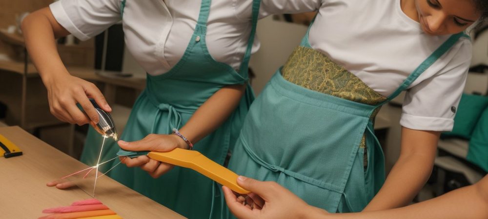 Customização de Roupas: Transforme Seu Guarda-Roupa com Criatividade Uma pessoa customizando roupas, com materiais de costura e pedrarias sobre a mesa, demonstrando o processo de customização de roupas com pedrarias.