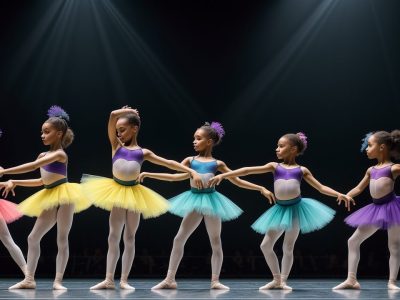 Imagem vibrante de aula de dança, com bailarinos praticando ballet e hip hop, demonstrando expressão e movimento.