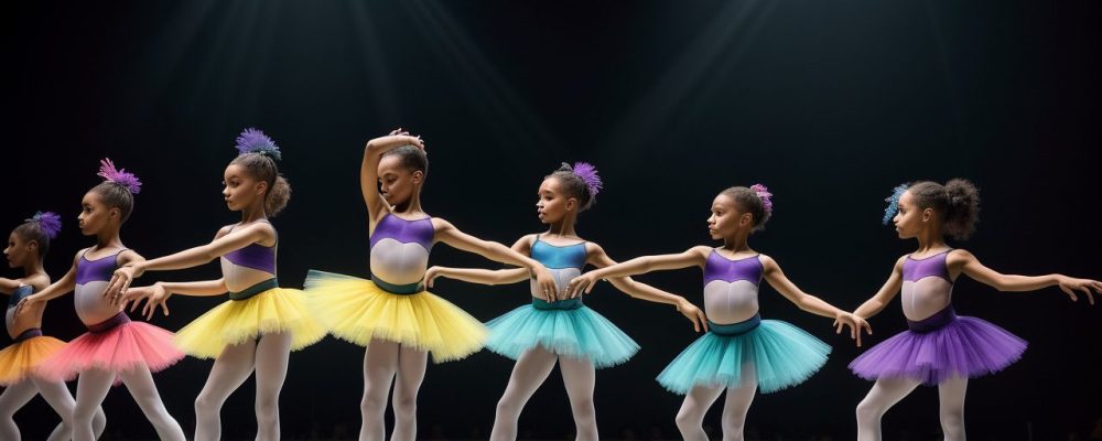 Imagem vibrante de aula de dança, com bailarinos praticando ballet e hip hop, demonstrando expressão e movimento.