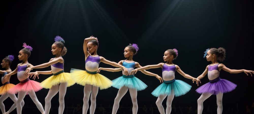 Imagem vibrante de aula de dança, com bailarinos praticando ballet e hip hop, demonstrando expressão e movimento.