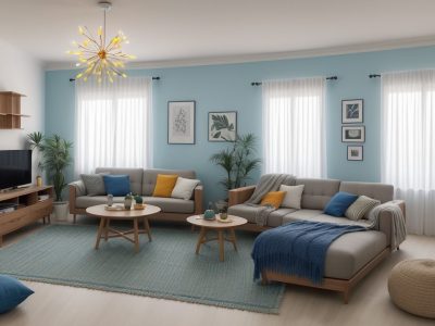 Ambiente de sala de estar moderna e bem decorada, com elementos de design de interiores que refletem conforto e funcionalidade.