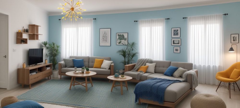 Ambiente de sala de estar moderna e bem decorada, com elementos de design de interiores que refletem conforto e funcionalidade.