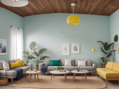 Design de interiores de um espaço moderno e acolhedor, com foco em decoração de ambientes e móveis