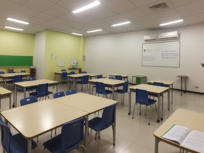 Alunos e professora em sala de aula, utilizando recursos visuais e tecnologia para inclusão de alunos com deficiência auditiva