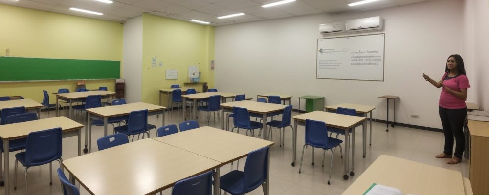 Alunos e professora em sala de aula, utilizando recursos visuais e tecnologia para inclusão de alunos com deficiência auditiva