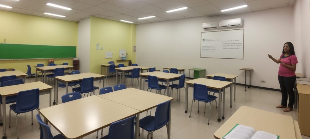 Alunos e professora em sala de aula, utilizando recursos visuais e tecnologia para inclusão de alunos com deficiência auditiva